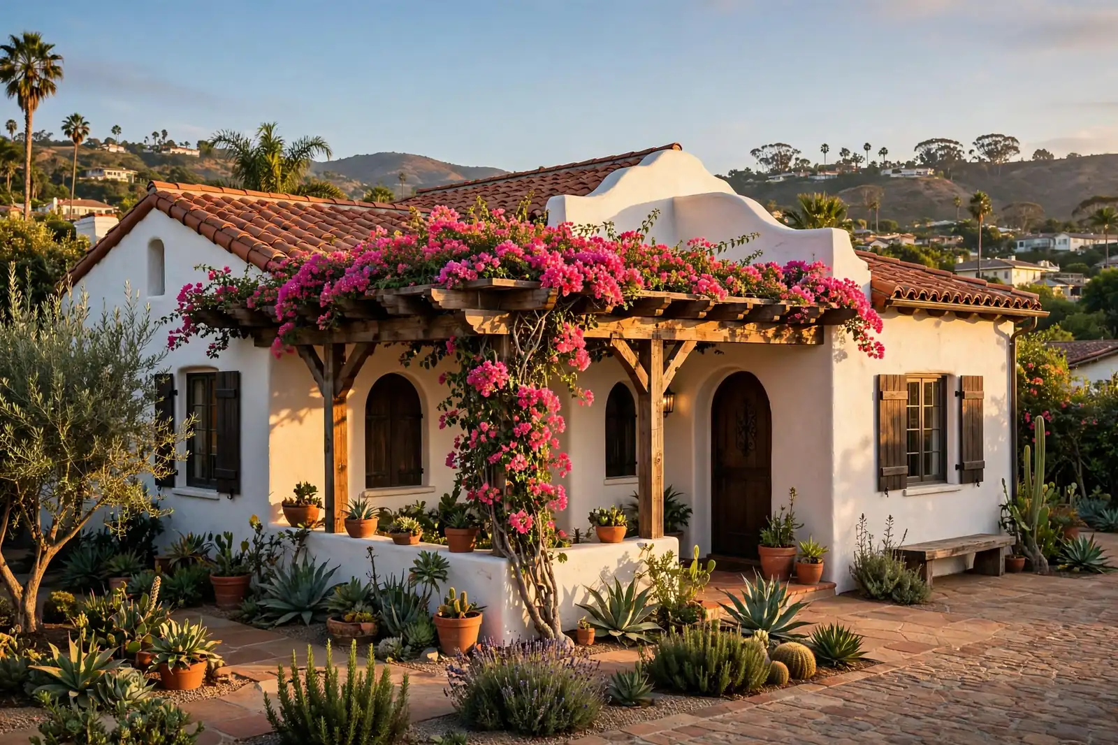 Santa Barbara stucco home with red tile roof at golden hour
