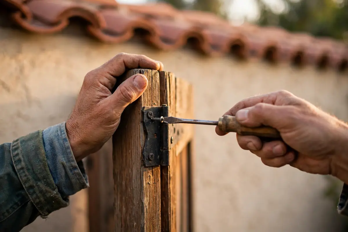 Handyman repairing a wooden garden gate hinge
