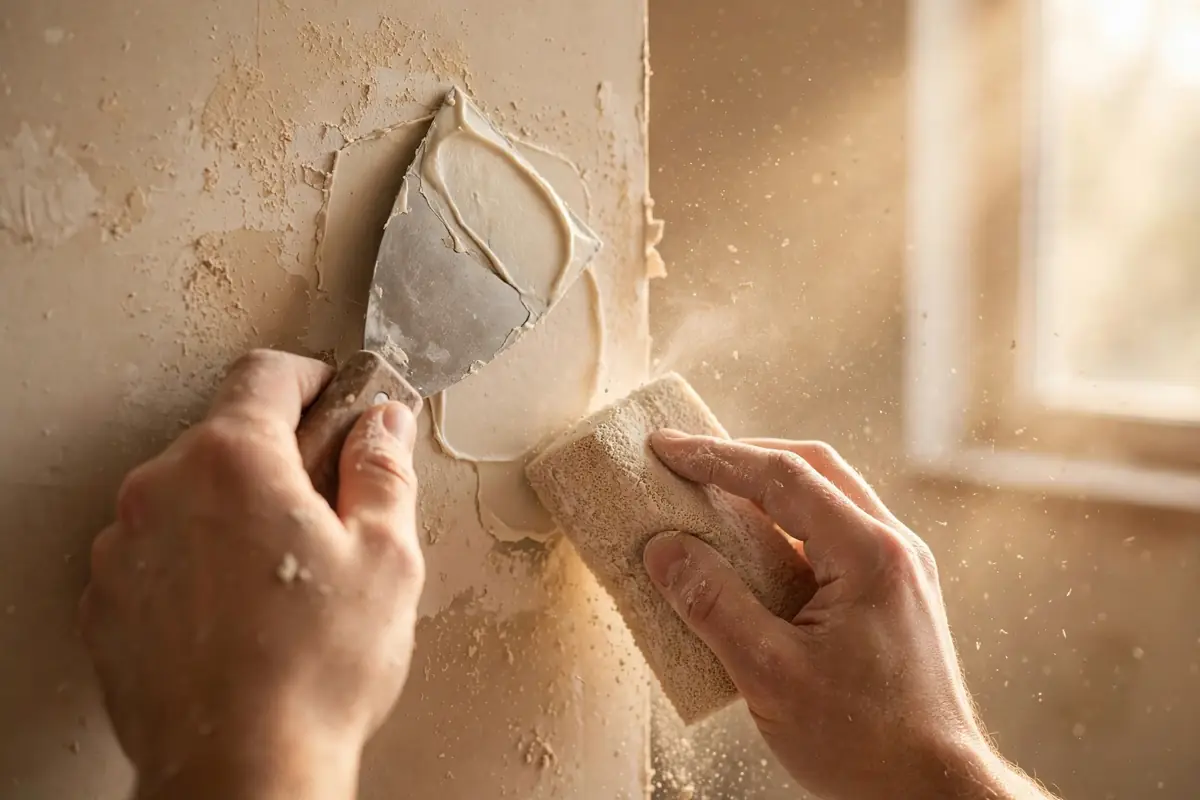 Handyman patching and finishing drywall